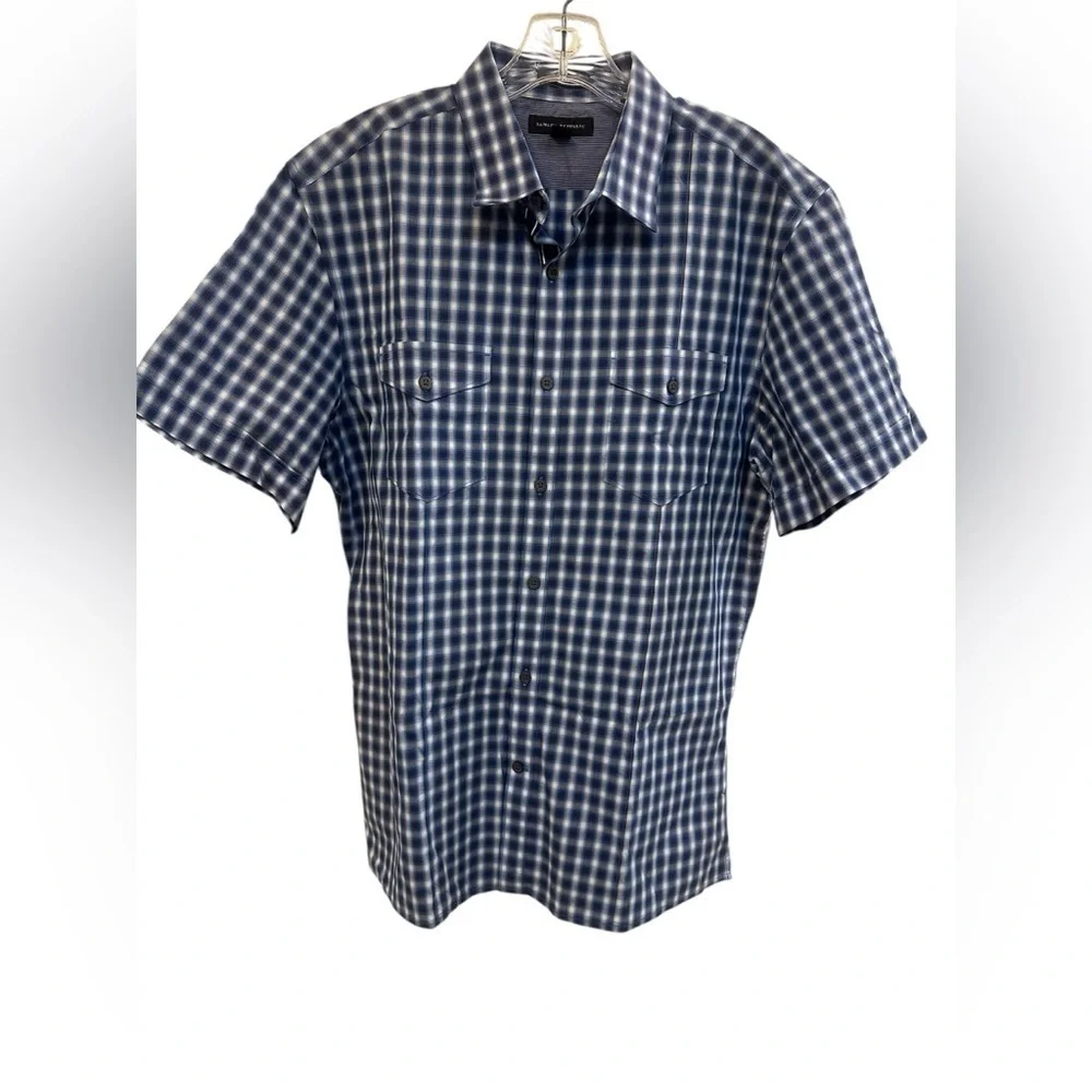 BANANA REPUBLIC Blue and White Checkered Casual Button Down Shirt 2 Pocket SZ L - Picture 4 of 8